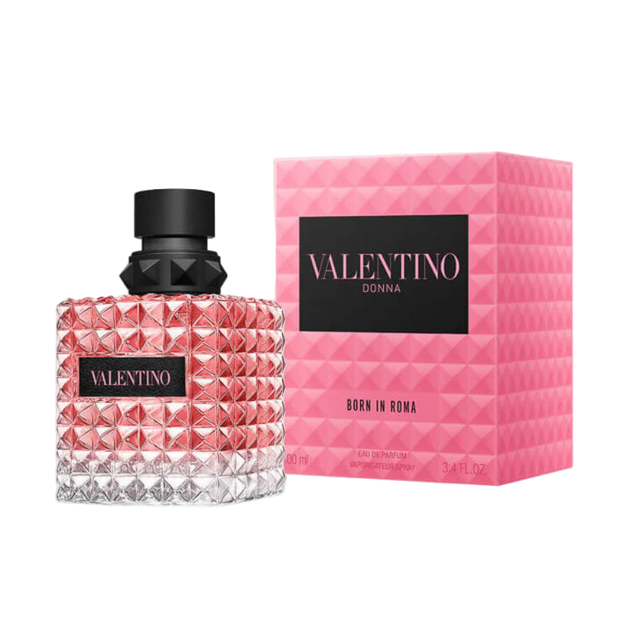 Valentino Donna Born in Roma perfume bottle and packaging on a white background