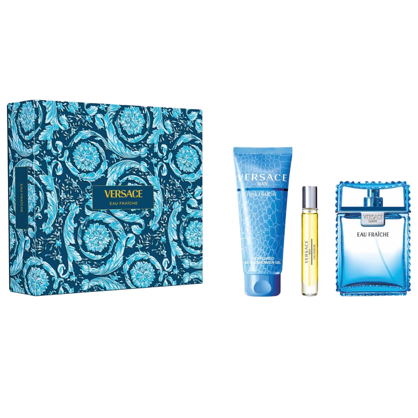Versace Eau Fraçèe perfume set with blue packaging on a white background