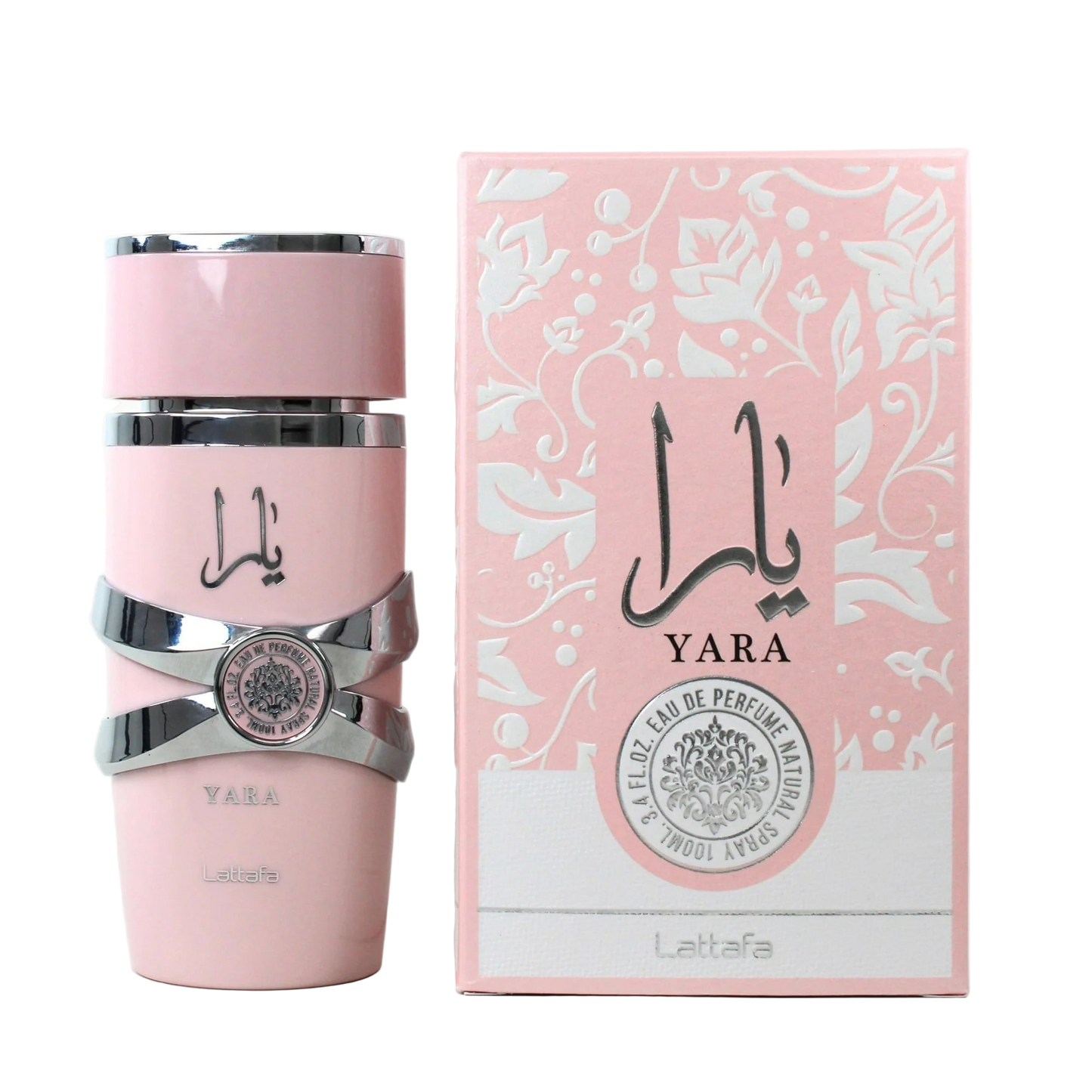 Lattafa Yara Pink perfume bottle with silver accents and matching box featuring 'Yara' branding on a white background.