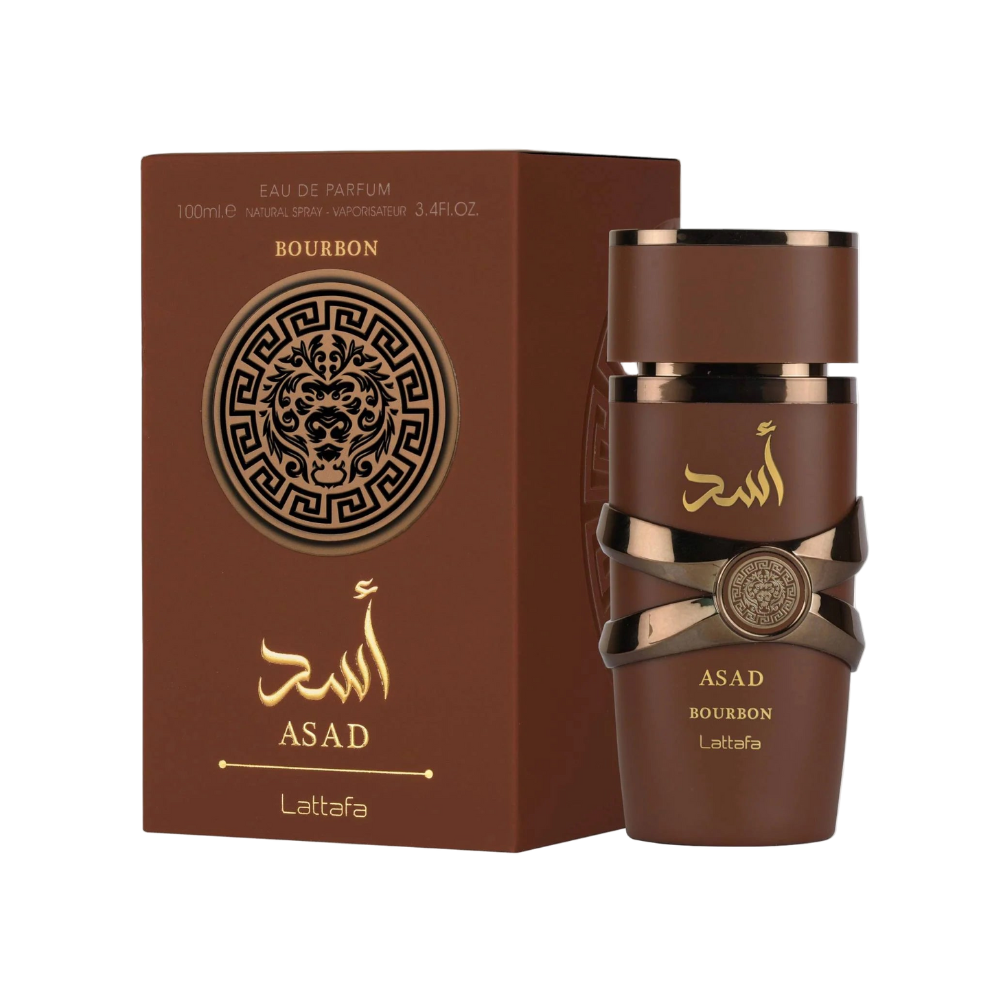 Lattafa Asad Bourbon Brown perfume bottle and packaging with gold accents on a white background