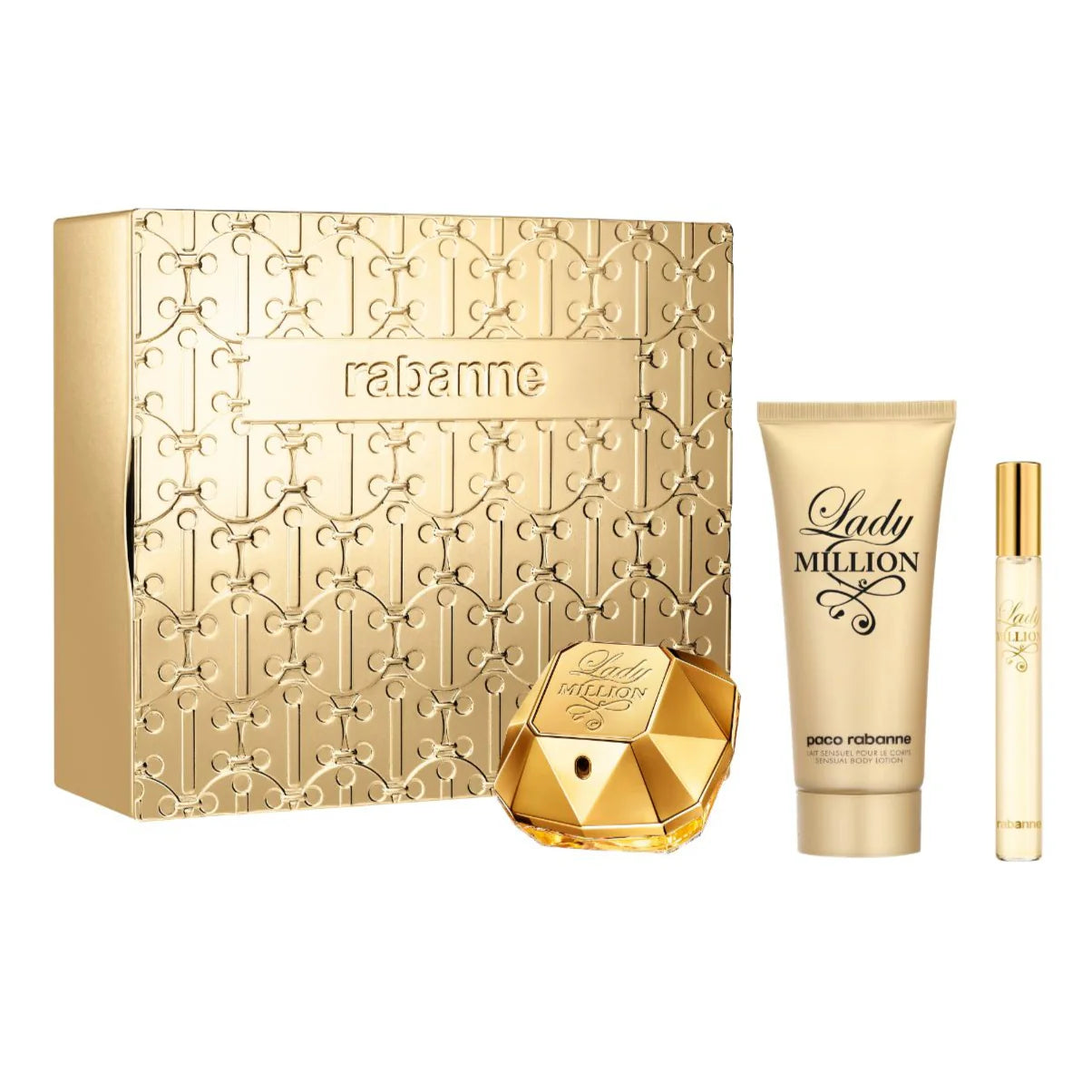 Paco Rabanne Lady Million perfume set with gold packaging on a white background