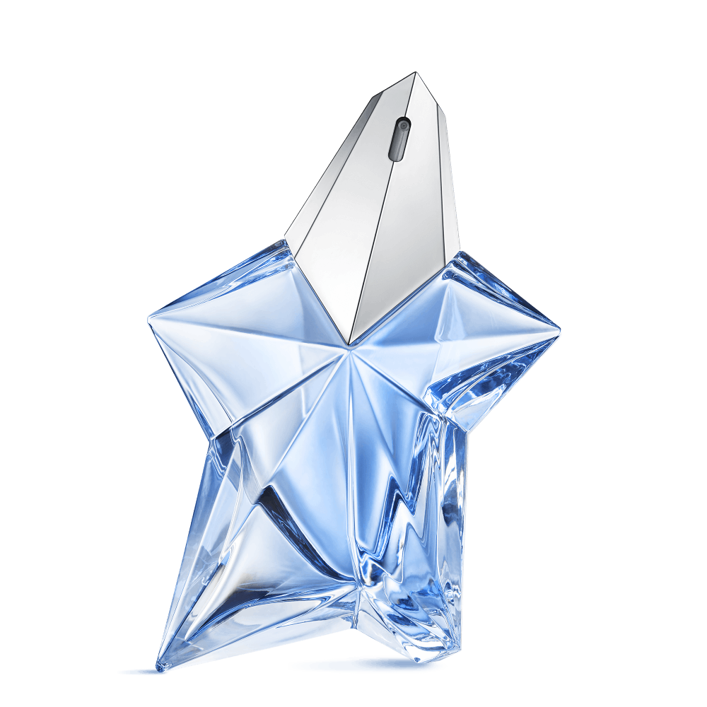 Thierry Mugler Angel Star-shaped perfume bottle with a clear and blue design on a white background