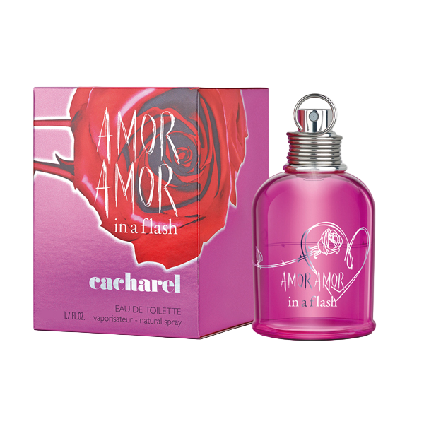 Cacharel Amor Amor in a Flash perfume bottle and packaging on a white background