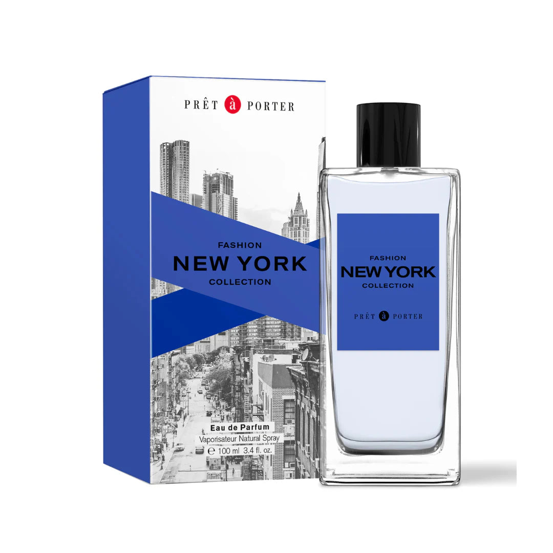 Perfume bottle and packaging of Prét à Porter New York Collection on a white background
