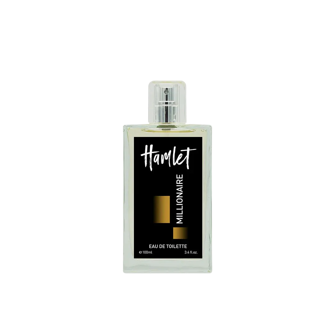 Perfume bottle labeled 'Hamlet Millionaire' on a white background