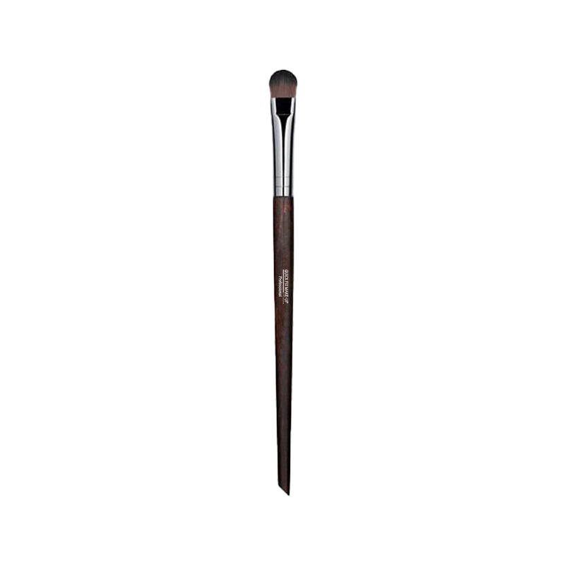 Makeup brush with brown handle and silver ferrule on a white background