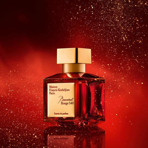 Perfume bottle Baccarat Rouge 540 with gold cap on a red background