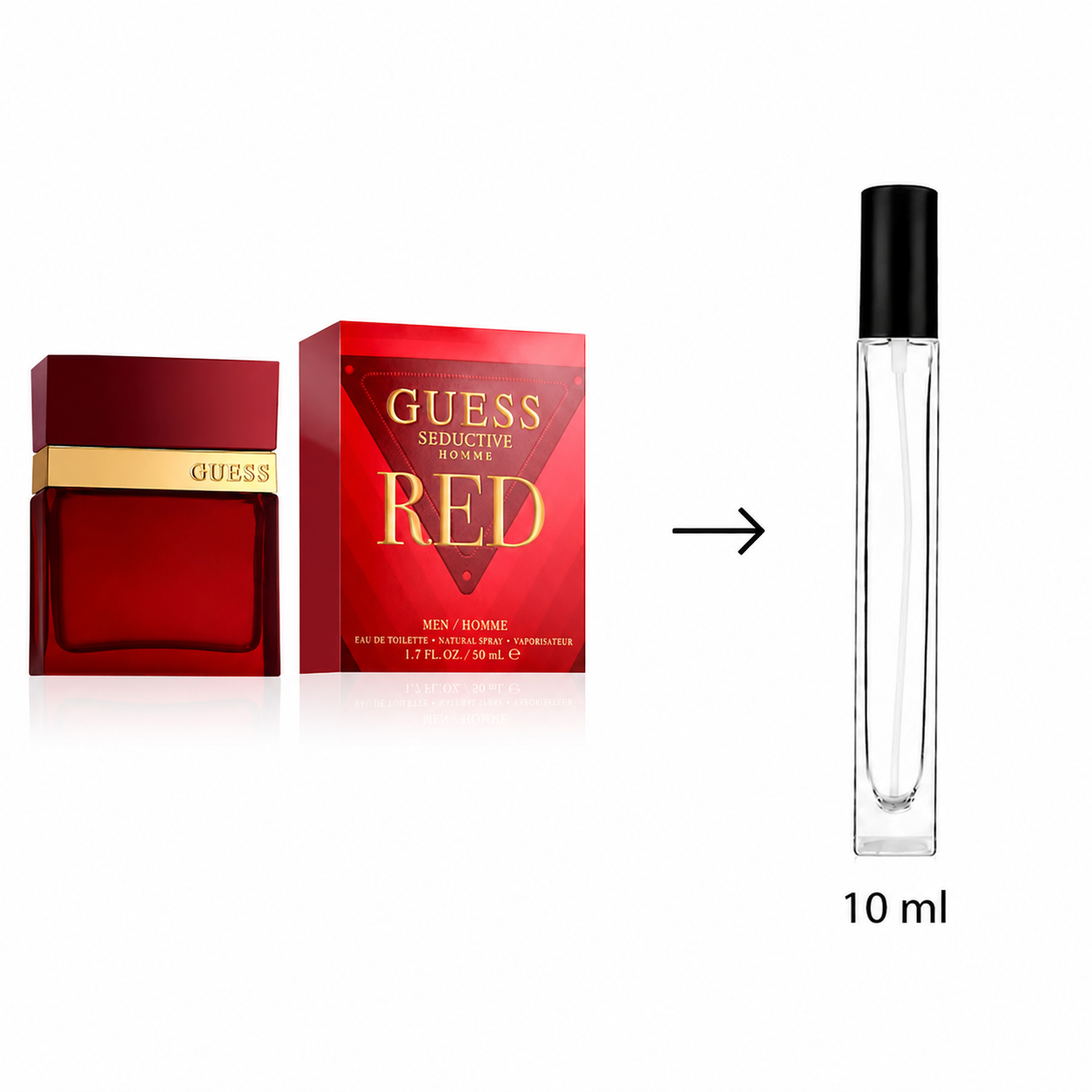 Guess Seductive Red perfume shown with its red bottle, red box, and a 10 ml clear travel atomizer spray bottle on a white background.