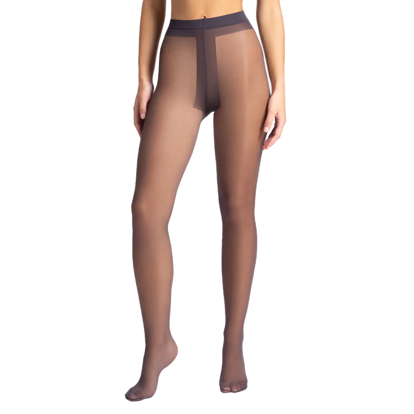 Sheer cacao Marie France stockings worn by a model on a white background