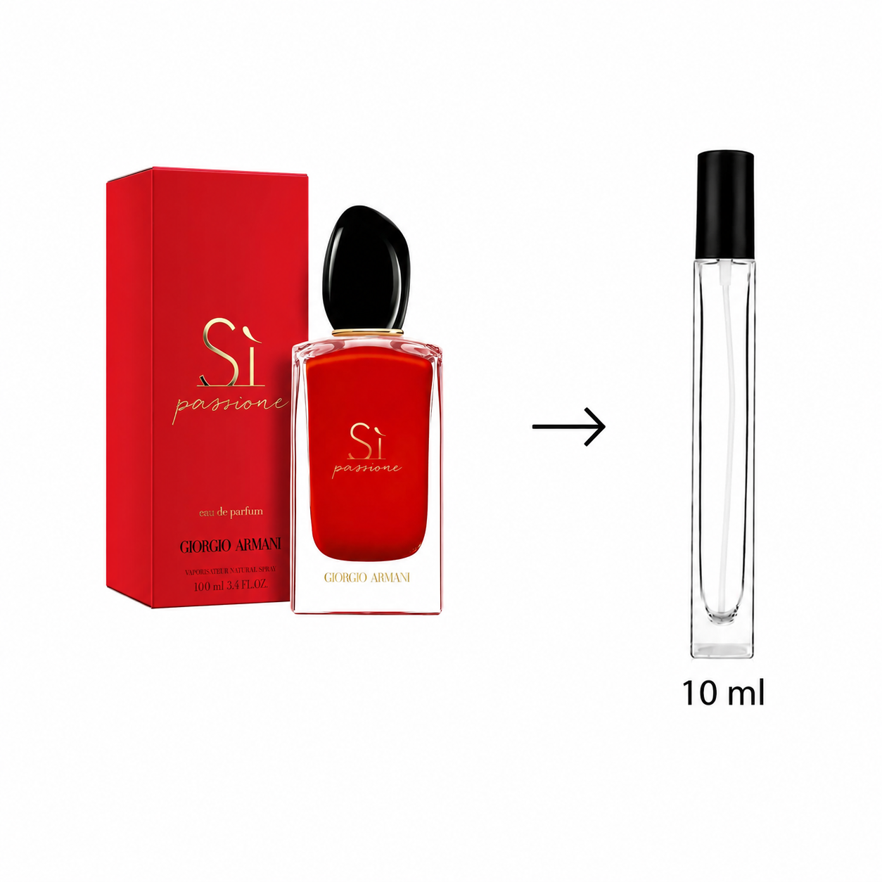 Giorgio Armani Si passion perfume shown with its red box and bottle, alongside a small clear 10 ml travel spray bottle with a black cap on a white background.
