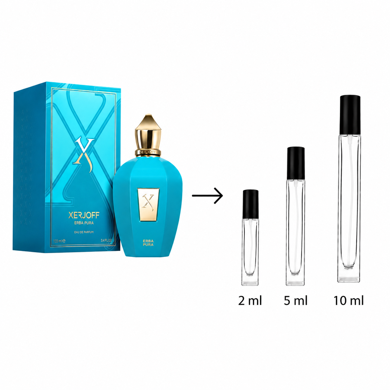 Xerjoffeff Erba Pura Blue Perfume bottle and its blue box shown next to three clear sample spray vials labeled 2 ml, 5 ml, and 10 ml on a white background.
