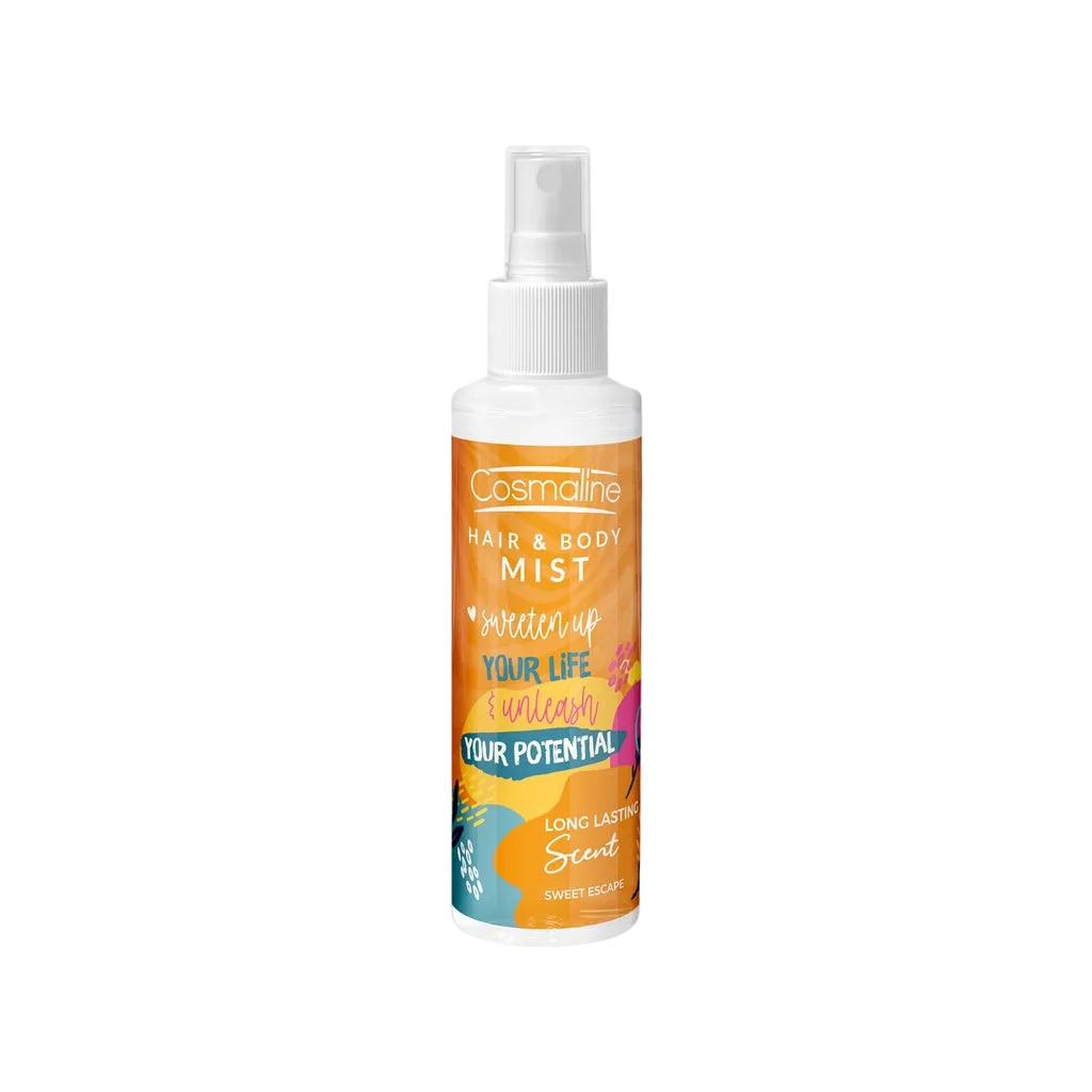 Cosmaline hair and body mist Sweet Escape bottle on a white background