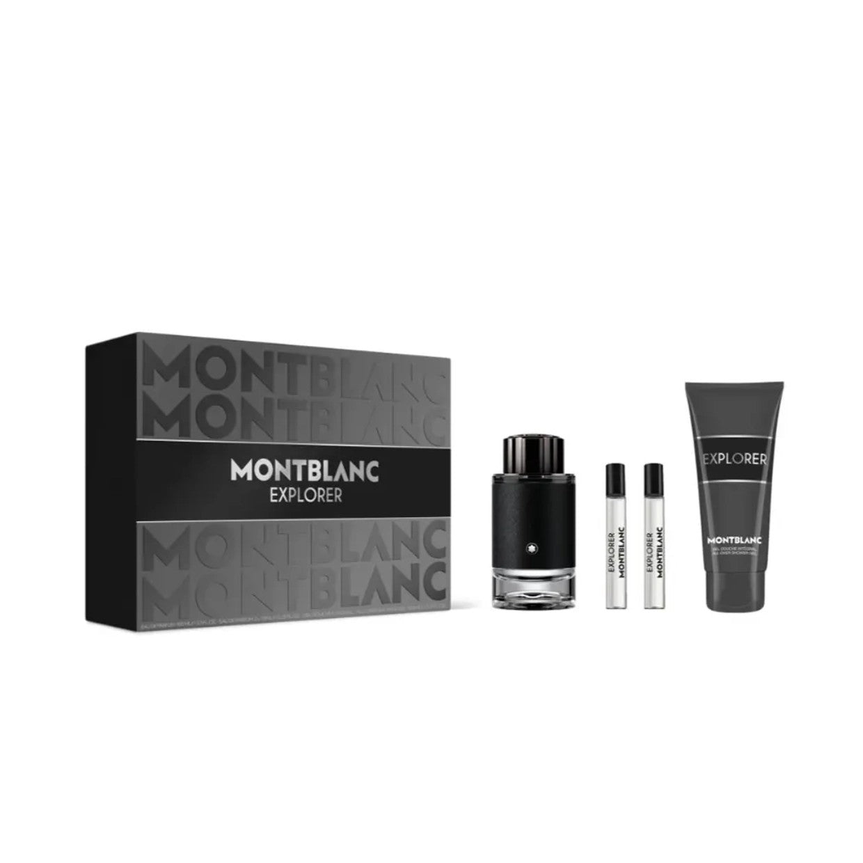 Montblanc Explorer eau de parfum perfume set with packaging on a white background