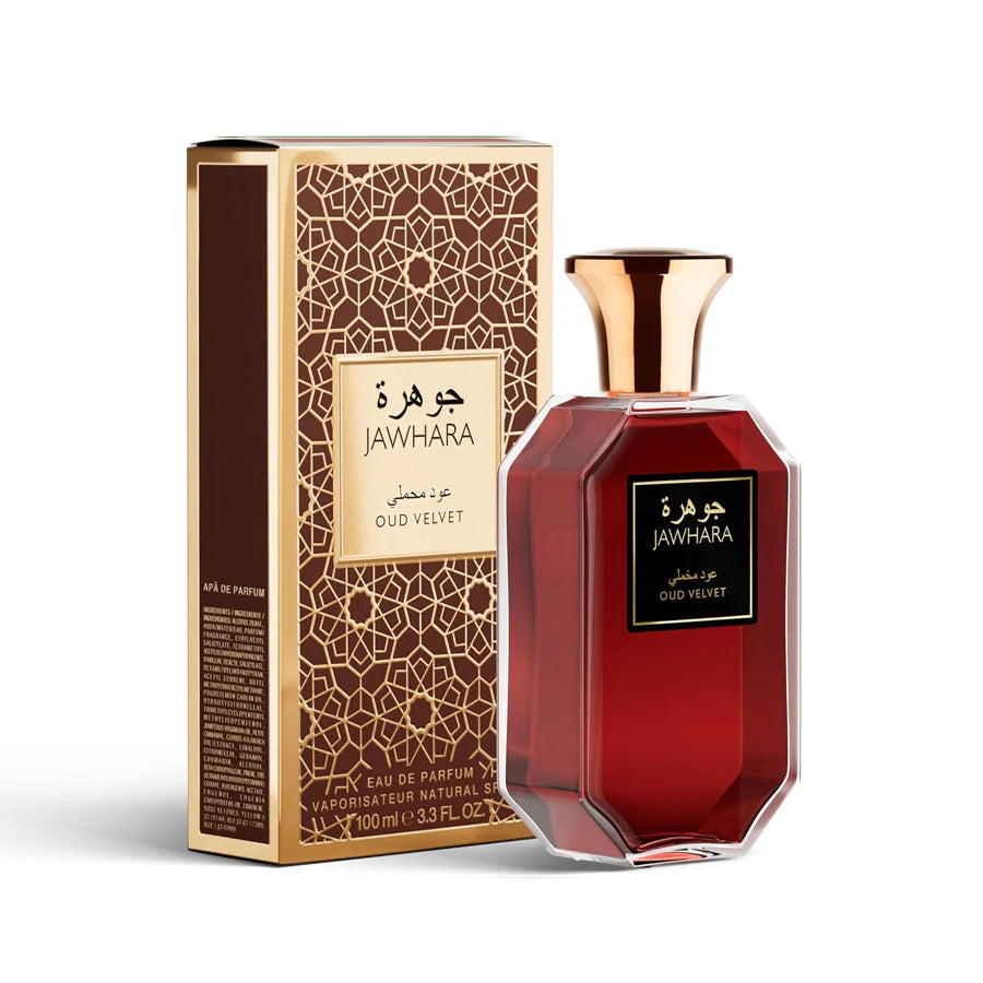 Jawhara Oud Velvet perfume bottle and packaging on a white background