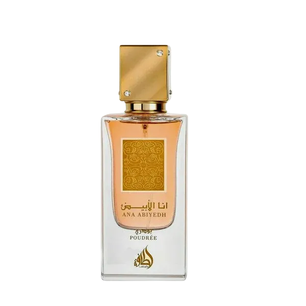 Perfume bottle Lattafa Ana Abyedh Poudrée with gold cap and clear label on a white background