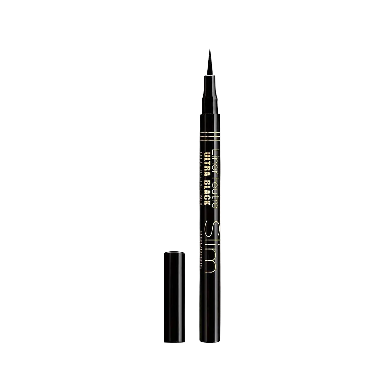 Black eyeliner pencil branded Bourjois with cap on a white background
