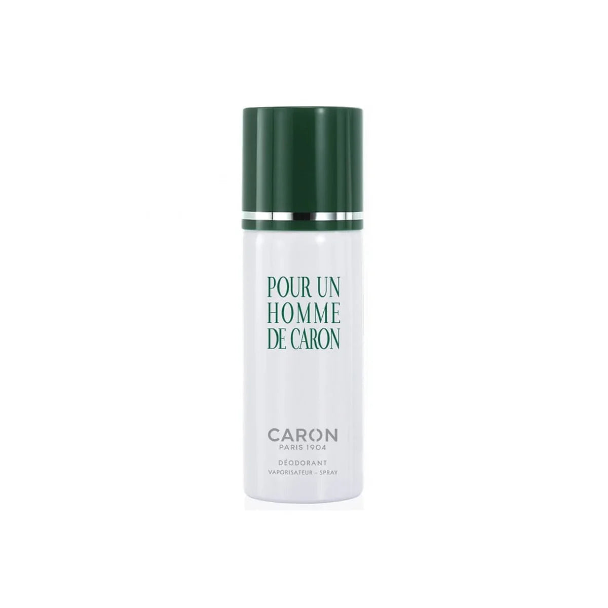 A white cylindrical deodorant spray bottle with a dark green cap and green text reading 'POUR UN HOMME DE CARON' and 'CARON PARIS 1904', centered on a plain white background.