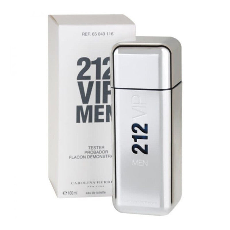 Carolina Herrera 212 Vip Men perfume bottle and packaging on a white background