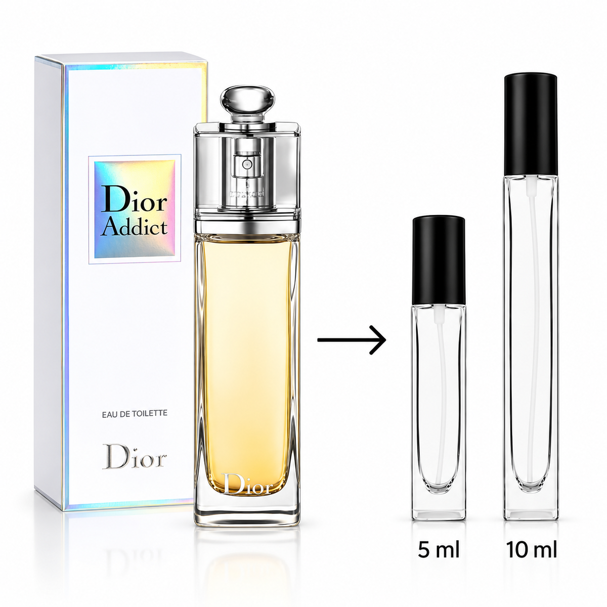 Dior Addict Eau de Toilette shown with its retail box, a full-size rectangular perfume bottle, and two travel atomizer sizes labeled 5 ml and 10 ml on a white background.