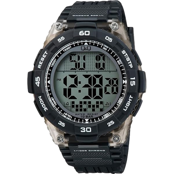Men’s Q&Q Digital Sports Watch – 100M Waterproof, Black & Transparent, Timer, Alarm & More – 1-Year Warranty