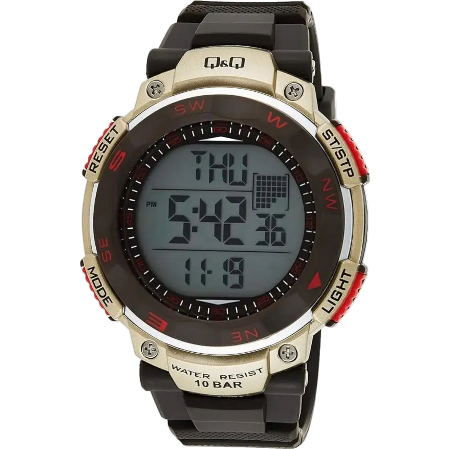 Men’s Q&Q Digital Sports Watch – 100M Waterproof, Black & Beige, Timer, Alarm & More – 1-Year Warranty