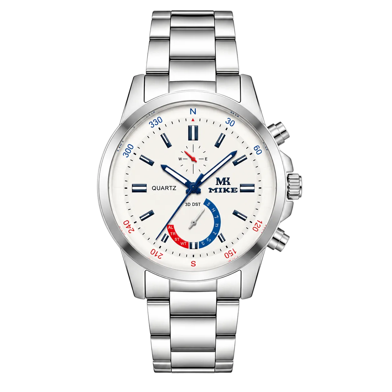 Silver wristwatch with a white dial on a white background