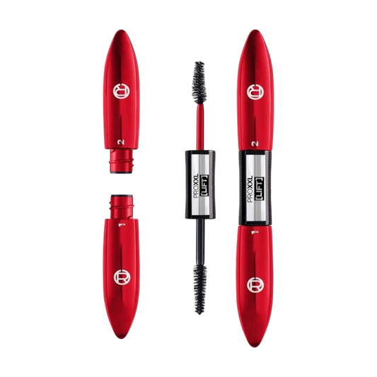 Two tubes of L'Oréal Paris Double Extend Beauty Tubes Mascara XXL with a black brush in between them, all displayed against a white background. Buy Online in Lebanon at Menkelchi