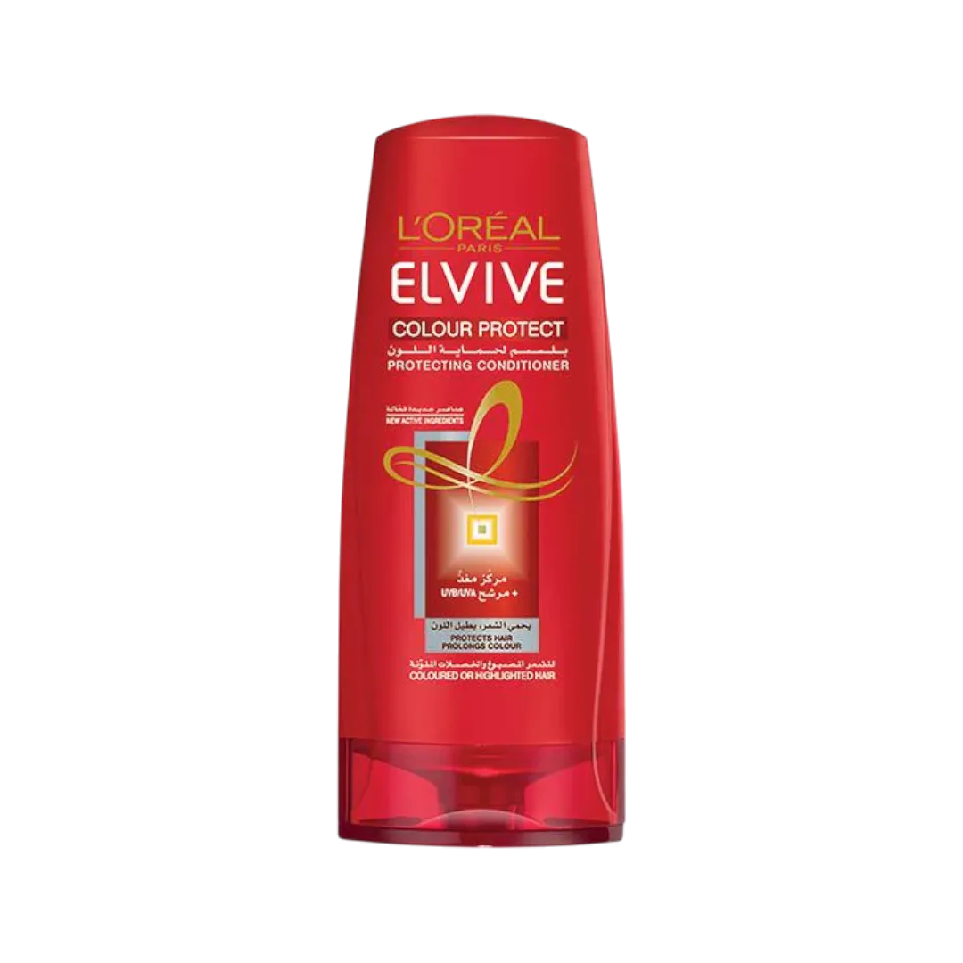 A bottle of L'Oréal Paris Elvive Colour Protect Conditioner designed for colored and treated hair, with a red and white label, 200ml size.