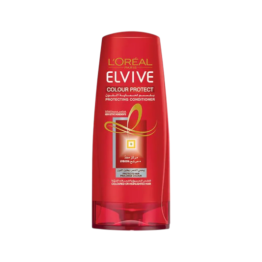 A bottle of L'Oréal Paris Elvive Colour Protect Conditioner designed for colored and treated hair, with a red and white label, 200ml size.
