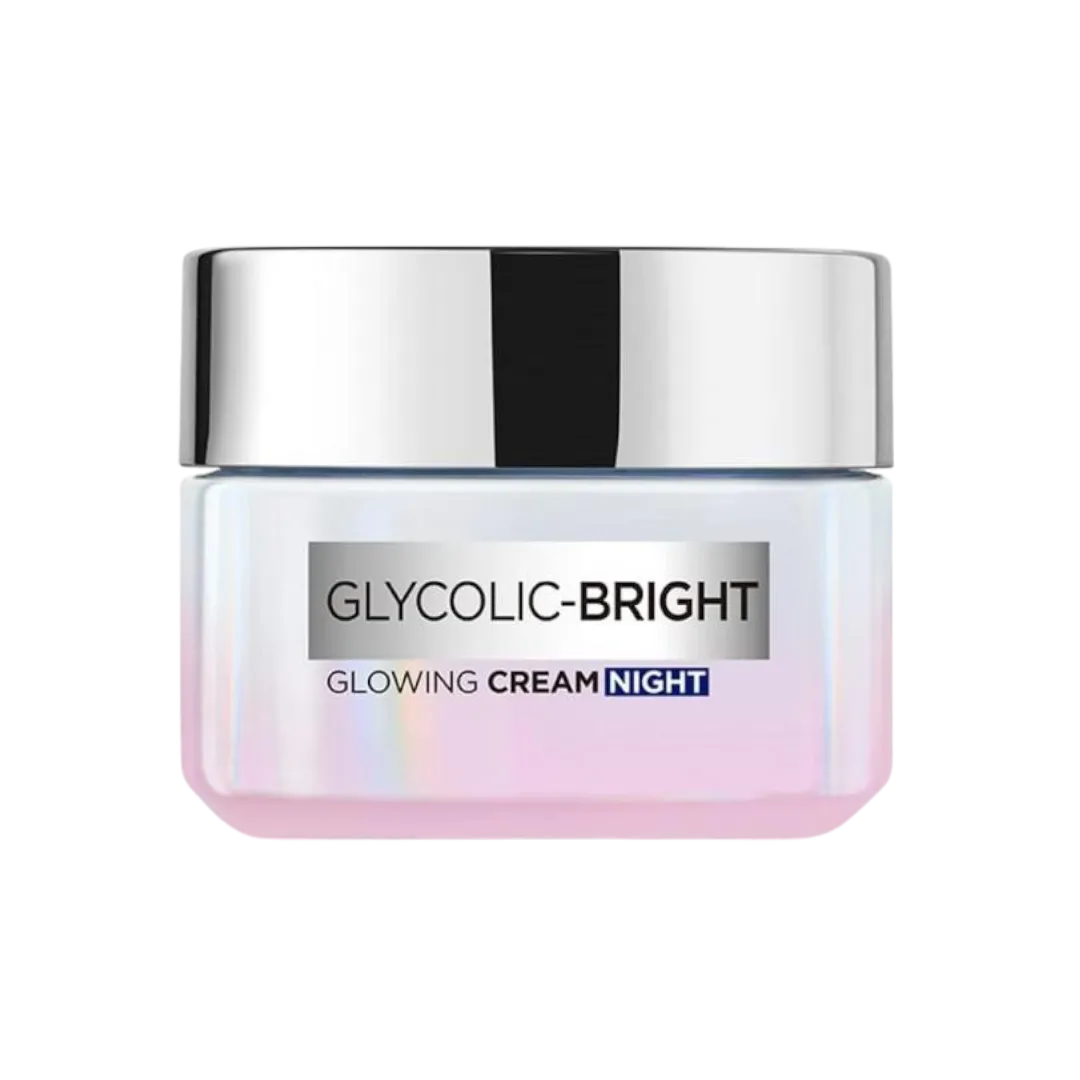 A jar of L'Oréal Paris Glycolic-Bright Glowing Night Cream against a white background.