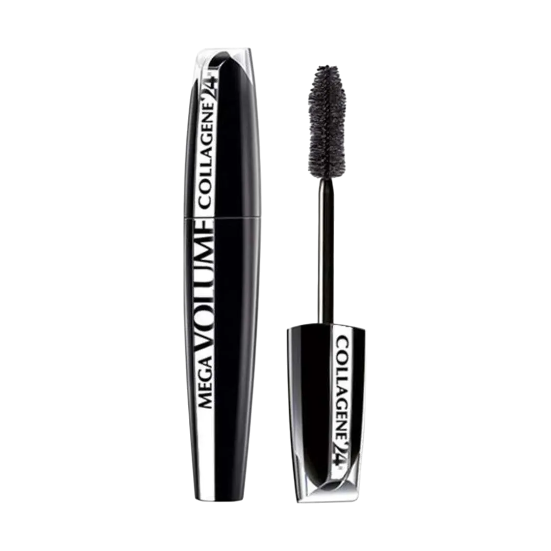 L'Oréal Paris Mega Volume Collagene 24h Mascara with a black and white packaging and a brush applicator. Buy Online in Lebanon at Menkelchi