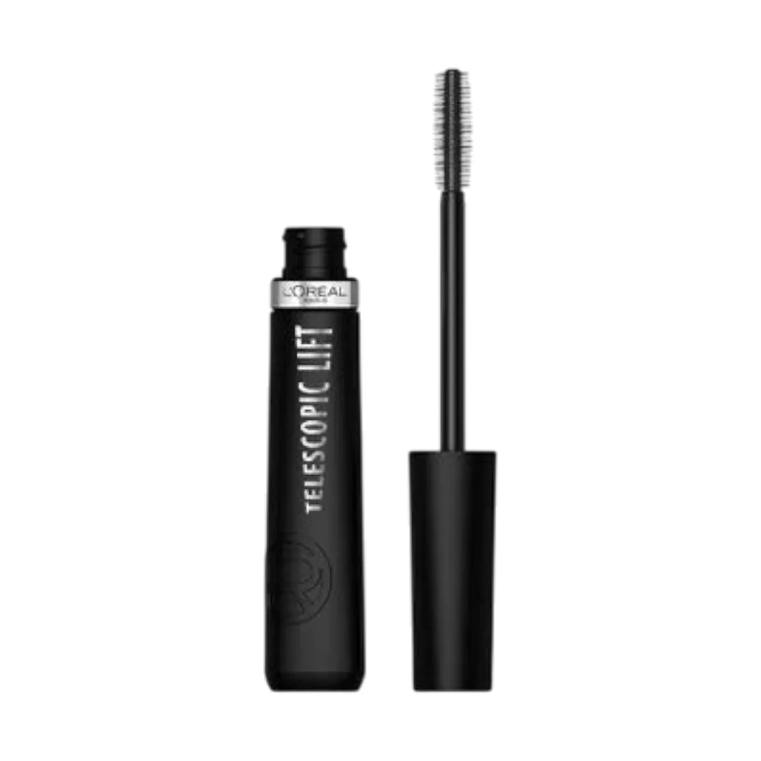 L'Oreal Paris Telescopic Lift Washable Mascara with a black brush and tube, isolated on a white background. Buy Online in Lebanon at Menkelchi