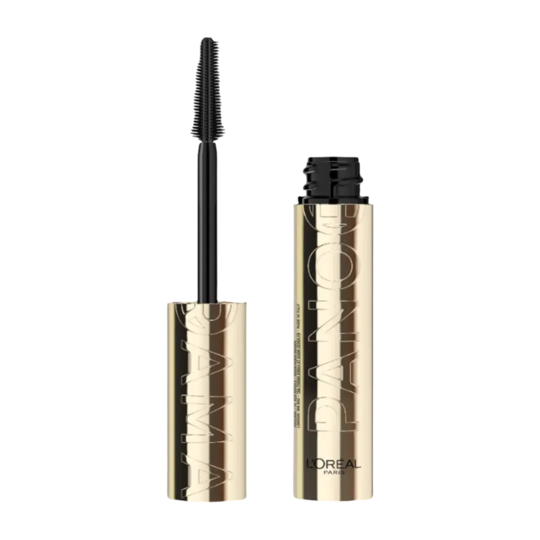 L'Oréal Paris Voluminous Panorama Mascara with a gold and black color scheme, featuring the mascara wand and the opened container.