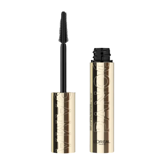 L'Oréal Paris Voluminous Panorama Mascara with a gold and black color scheme, featuring the mascara wand and the opened container.