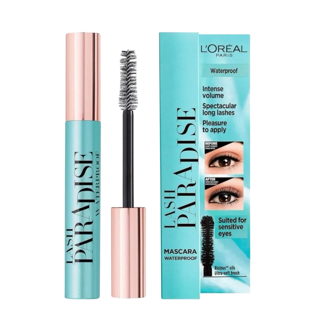 L'Oréal Paris Voluminous Lash Paradise Waterproof Mascara with packaging, alongside the mascara wand and brush. Buy Online in Lebanon at Menkelchi