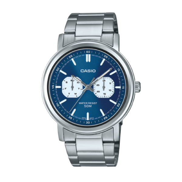 A Casio analog watch model MTP-E335D-2E1VDF with a silver stainless steel link bracelet, a blue dial, and two white sub-dials, shown against a plain white background.