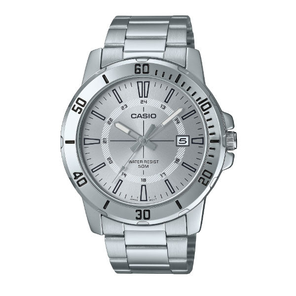 A Casio stainless steel analog watch with a silver-toned metal link bracelet, a silver dial, and a black bezel with minute markers.