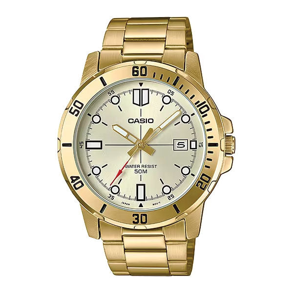 Casio gold-tone stainless steel watch with a cream-colored dial, black bezel markings, and a red second hand on a white background.