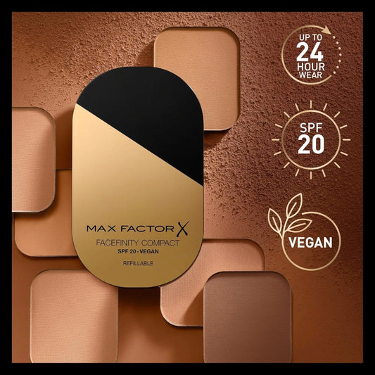 Max Factor Facefinity Compact Foundation SPF20 packaging with a golden and black color scheme, indicating a matte finish, up to 24 hours wear, SPF 20, and vegan.
