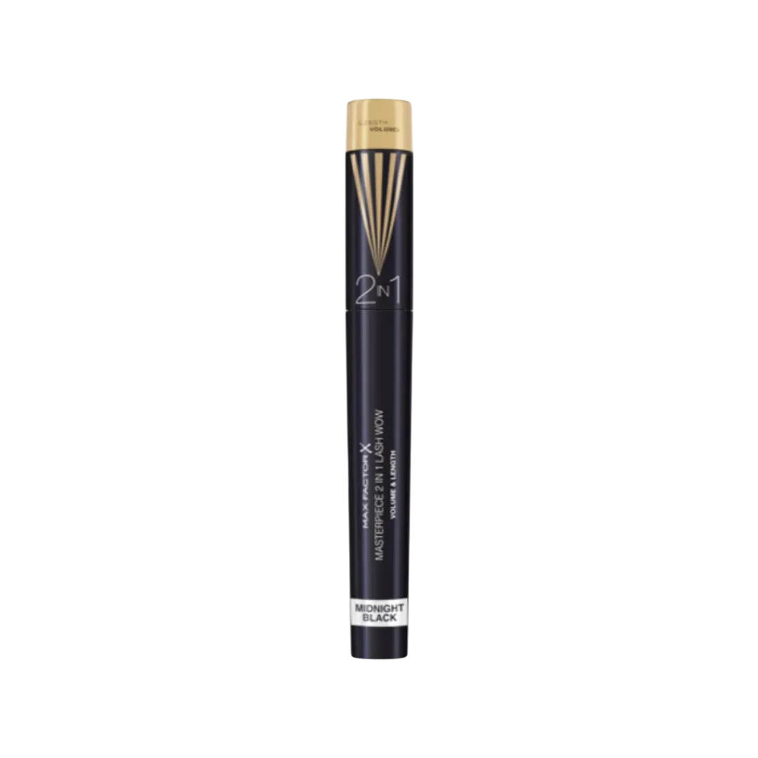 A tube of Max Factor Masterpiece 2 In 1 Lash Wow Mascara with the brand's typical gold and black color scheme. Buy Online in Lebanon at Menkelchi