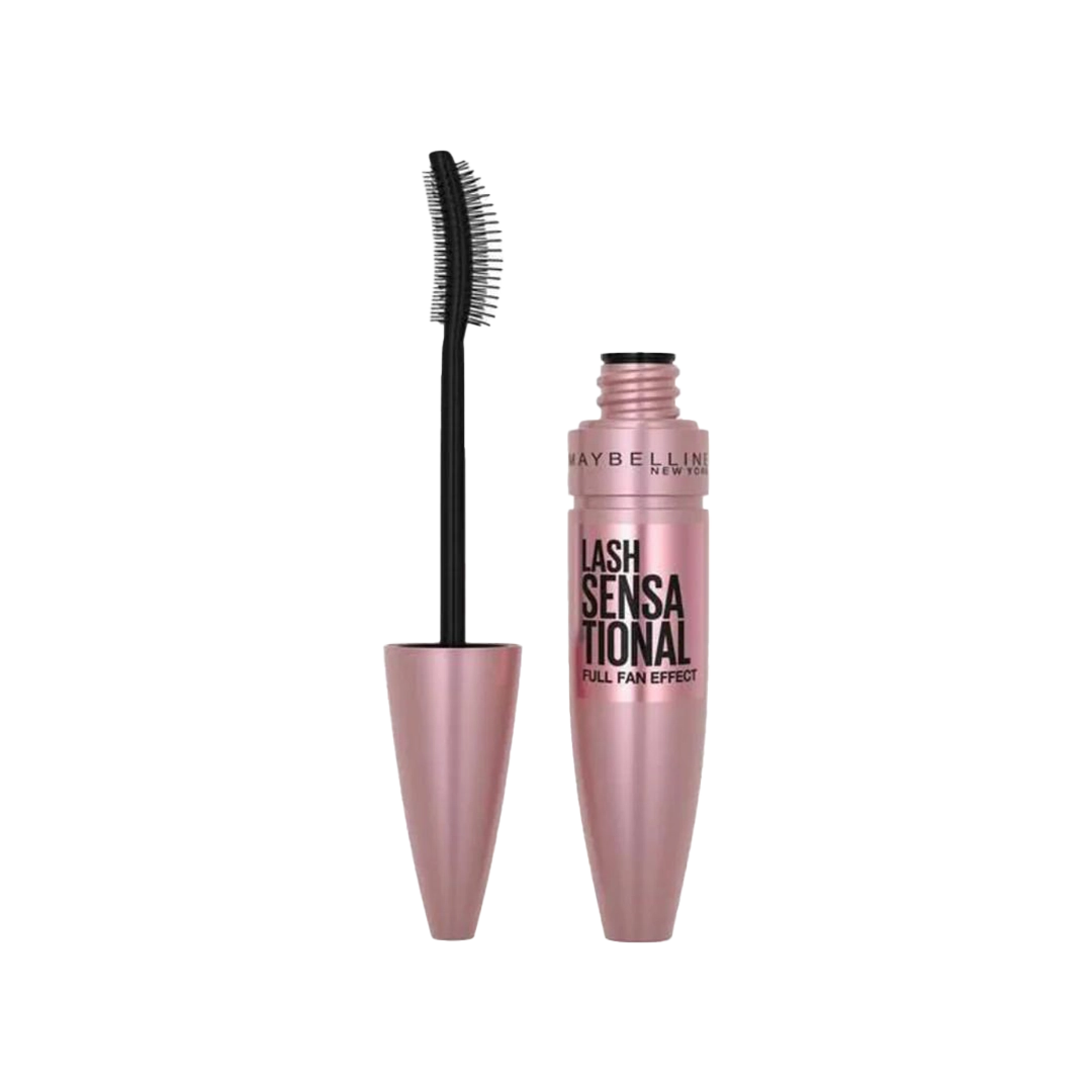 Maybelline Lash Sensational Mascara with a pink and black packaging and an exclusive fanning brush with ten layers of bristles. Buy Online in Lebanon at Menkelchi