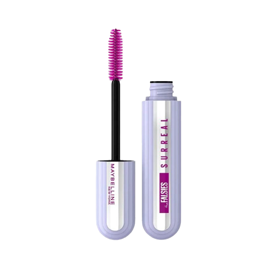 Maybelline The Falsies Surreal Extensions Mascara with a pink brush, open tube showing the fiber-enhanced formula. Buy Online in Lebanon at Menkelchi