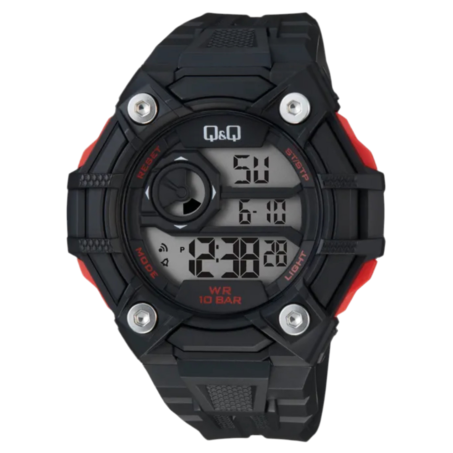 Men’s Q&Q Digital Sports Watch – 100M Waterproof, Black & Red, Timer, Alarm & More – 1-Year Warranty