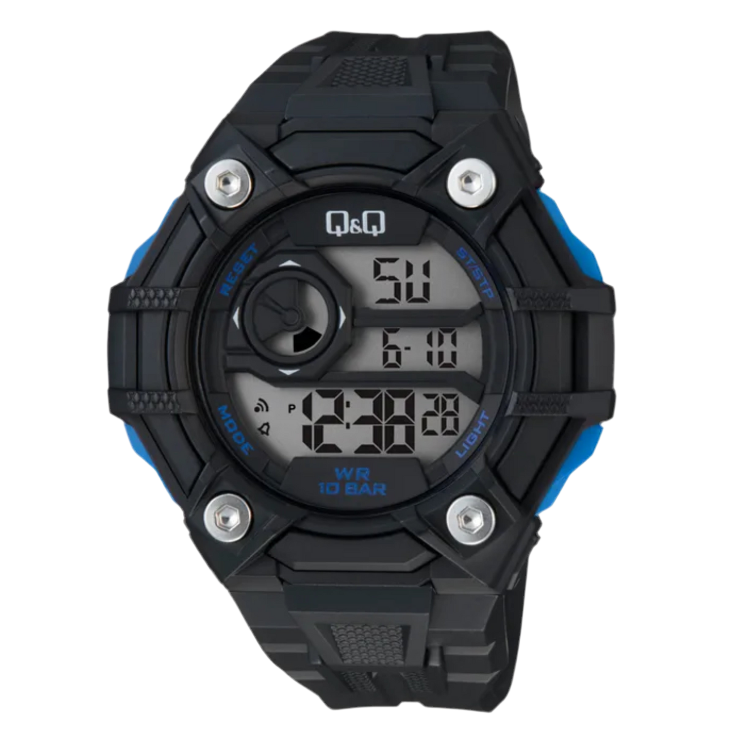 Men’s Q&Q Digital Sports Watch – 100M Waterproof, Black& Blue, Timer, Alarm & More – 1-Year Warranty
