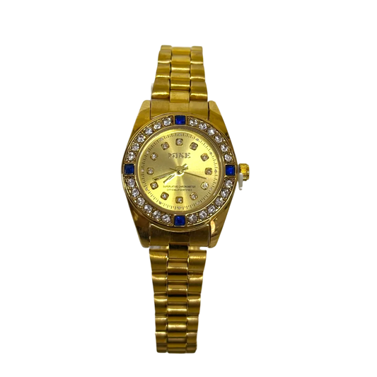 Mike Classy Watch For Women - Gold With Blue Rhinestones