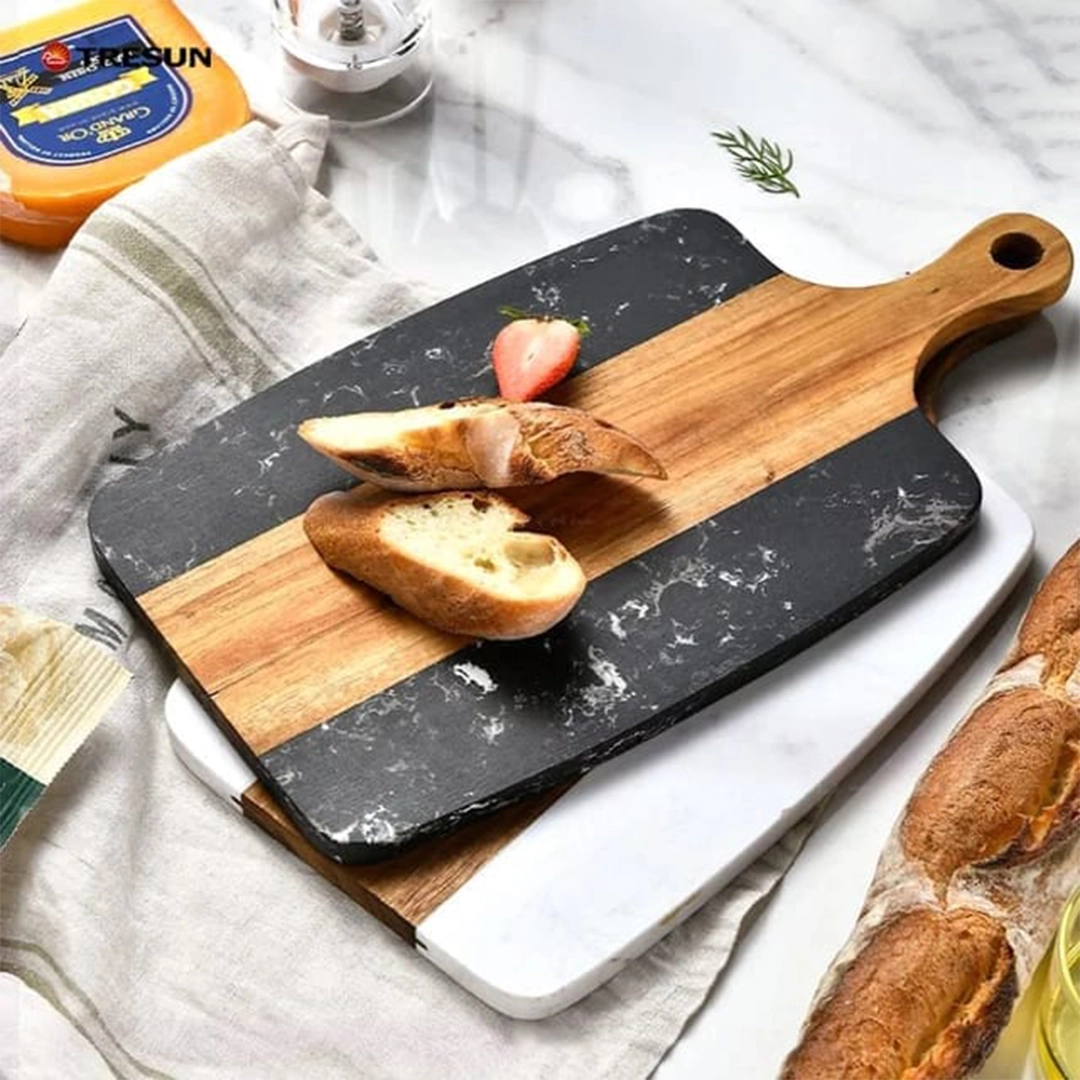 Wood And Marble Cutting And Serving Board With Handle