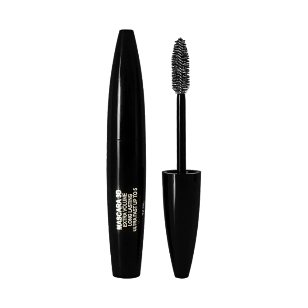 A black Yves Morel 3D Mascara tube with the cap on and the applicator wand visible, showing the bristles. Buy Online in Lebanon at Menkelchi
