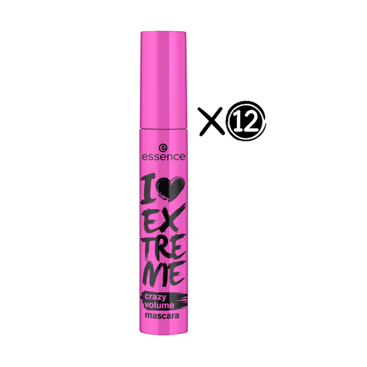 A tube of Essence I Love Extreme Crazy Volume Mascara in black color with a pink cap. The packaging has text and branding displayed on it. Buy Online in Lebanon at Menkelchi