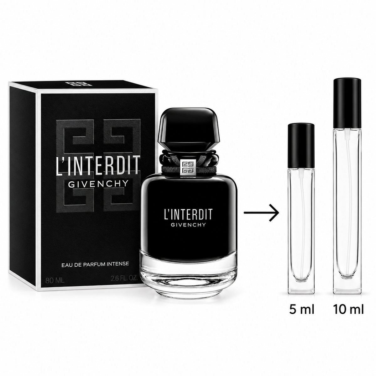 Givenchy L'Interdit Eau de Parfum Intense 80ml bottle and its black box, shown next to two clear 5ml and 10ml travel atomizers with black caps on a white background.