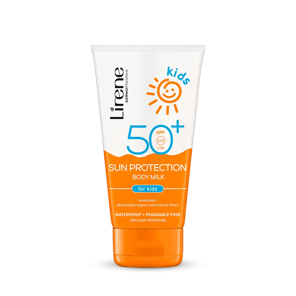 Lirene kids sun protection body milk SPF 50+ on a white background